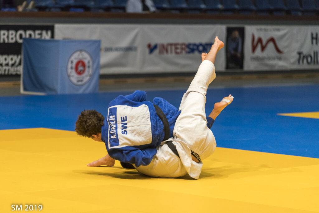 Alexander Dahlin i blå judodräkt försöker trycka ner sin motståndare i mattan.
