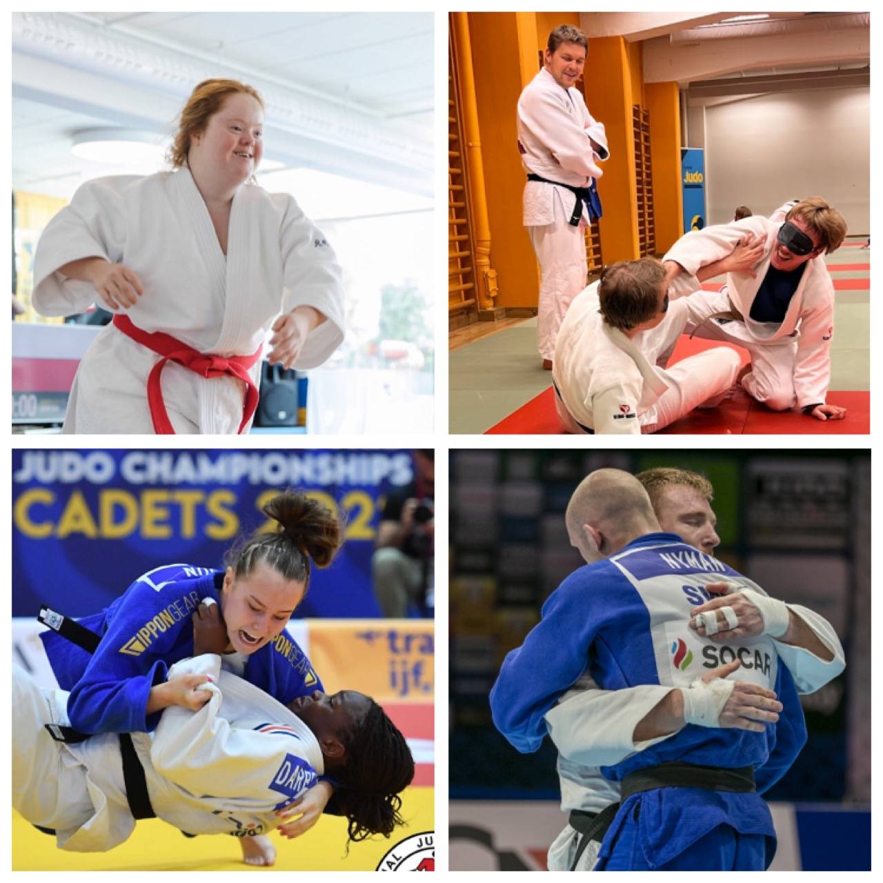 Fyra bilder. Bild 1: A-judo-utövare springer glatt över mattan. Bild 2: Två judoka med ögonbindel tränar judo. Ben Goodrich tittar på. Bild 3: Ingrid Nilsson kastar sin motståndare i mattan. Bild 4: Marcus Nyman kramar om sin motståndare.