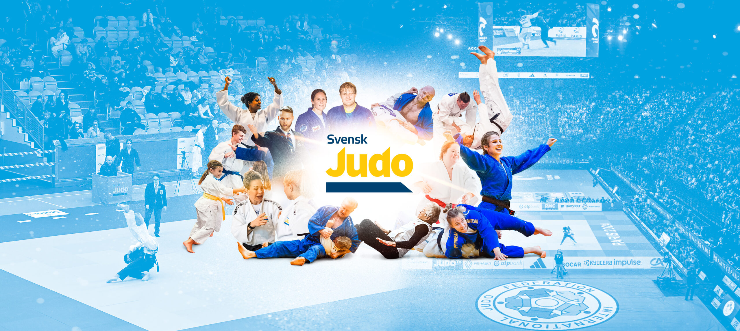 Landslaget och paralandslaget till OS i Tokyo. Robin Pacek i blå judodräkt sträcker ut armarna i en segergest. Nicolina Pernheim i blå judodräkt ser glad och stolt ut. Tommy Macias i blå judodräkt höjer knuten hand i segergest. Anna Bernholm i vit judodräkt håller fast motståndarens arm i ett armlås. Marcus Nyman i vit judodräkt håller fast sin motståndare i mattan.